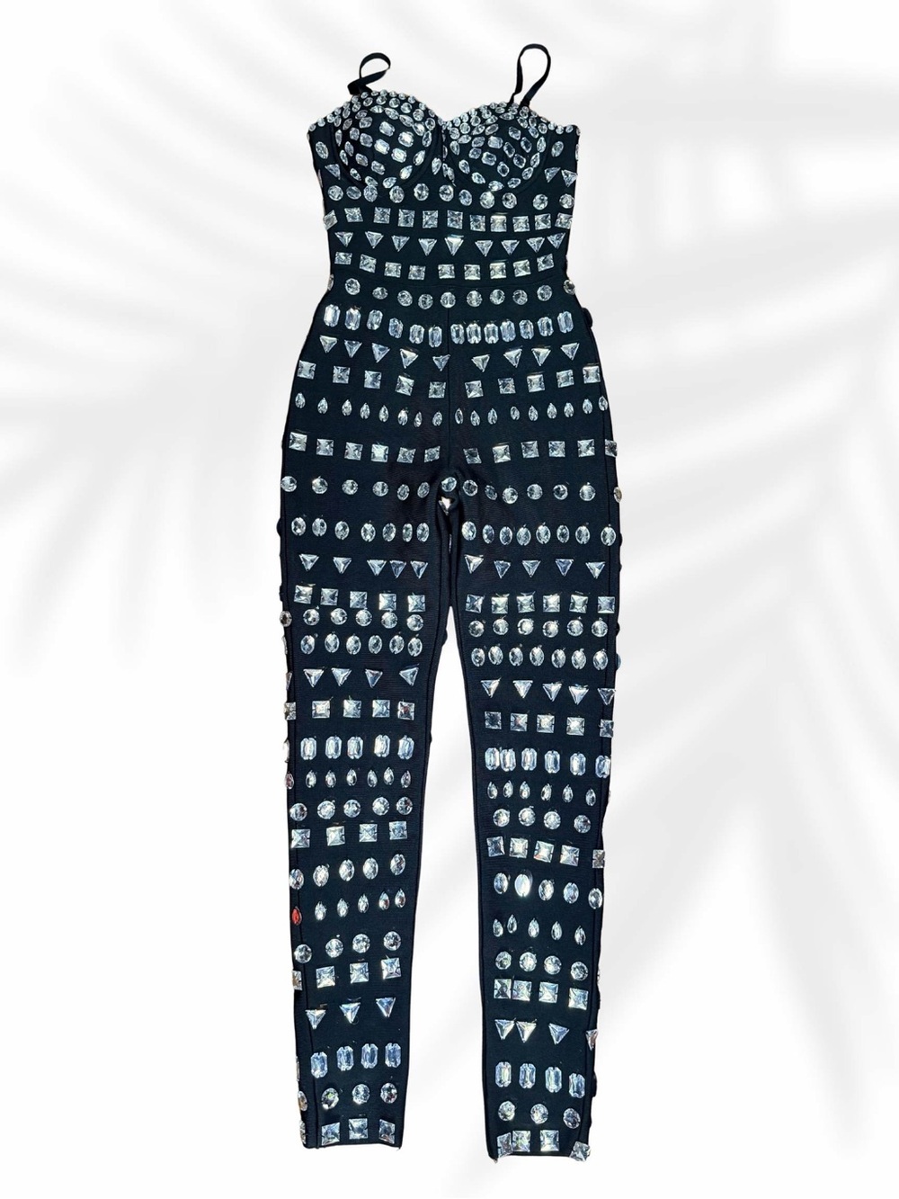 Mew Mews Black Strapless Embellished Jumpsuit with Gem Motif size Small